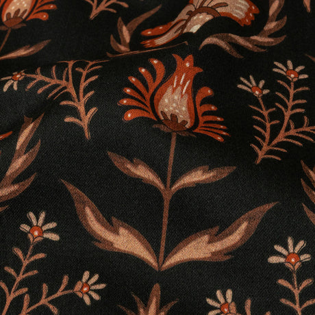 Stretch Cotton Sateen - Black and Orange Floral - Watching the Fire Print - Mood Exclusive Rockland Collection