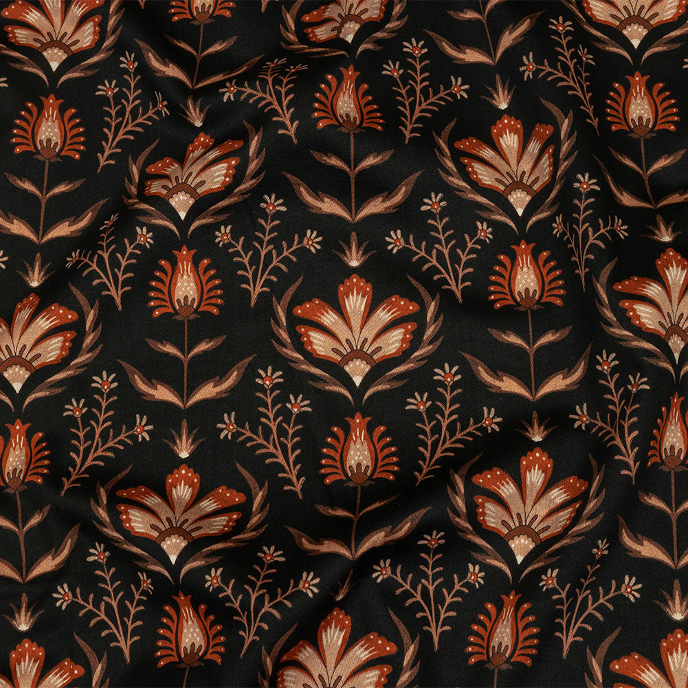 Stretch Cotton Sateen - Black and Orange Floral - Watching the Fire Print - Mood Exclusive Rockland Collection