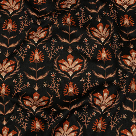 Stretch Cotton Sateen - Black and Orange Floral - Watching the Fire Print - Mood Exclusive Rockland Collection