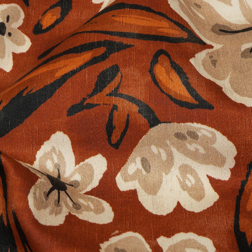 Stretch Cotton Sateen - Burnt Orange Painterly Floral - Orange Wildflower Walk Print - Mood Exclusive Rockland Collection