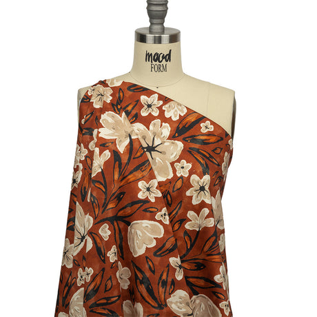 Stretch Cotton Sateen - Burnt Orange Painterly Floral - Orange Wildflower Walk Print - Mood Exclusive Rockland Collection