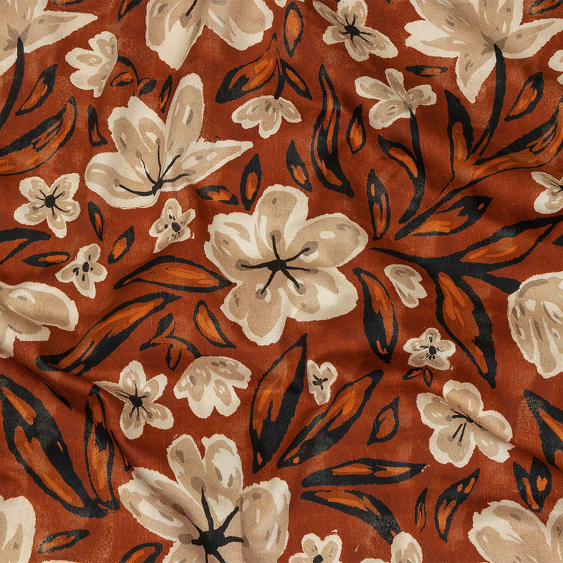 Stretch Cotton Sateen - Burnt Orange Painterly Floral - Orange Wildflower Walk Print - Mood Exclusive Rockland Collection