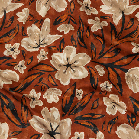 Stretch Cotton Sateen - Burnt Orange Painterly Floral - Orange Wildflower Walk Print - Mood Exclusive Rockland Collection