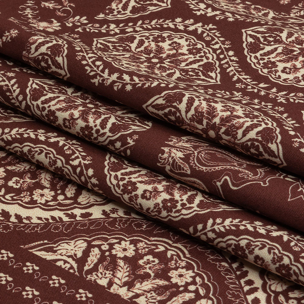 Stretch Cotton Sateen - Beige and Burgundy Paisley - Impressions in Time Print - Mood Exclusive Rockland Collection