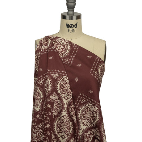 Stretch Cotton Sateen - Beige and Burgundy Paisley - Impressions in Time Print - Mood Exclusive Rockland Collection