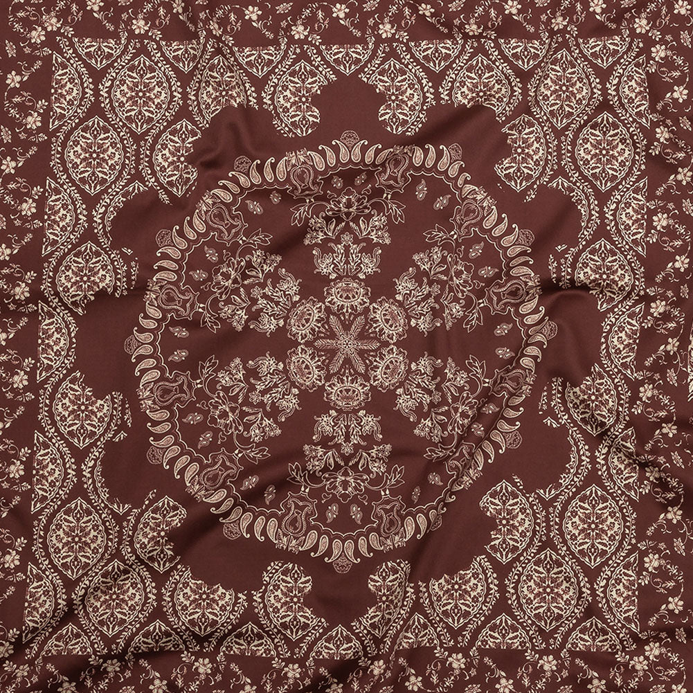 Stretch Cotton Sateen - Beige and Burgundy Paisley - Impressions in Time Print - Mood Exclusive Rockland Collection