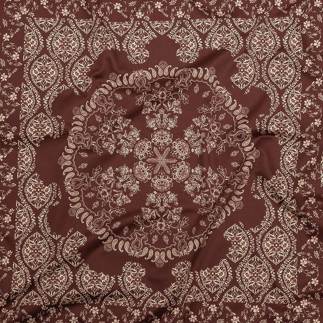 Stretch Cotton Sateen - Beige and Burgundy Paisley - Impressions in Time Print - Mood Exclusive Rockland Collection