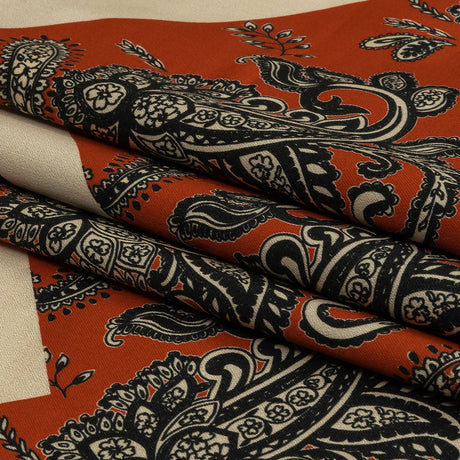 Stretch Cotton Sateen - White and Orange Paisley and Chevron - Well Travelled Trails Print - Mood Exclusive Rockland Collection