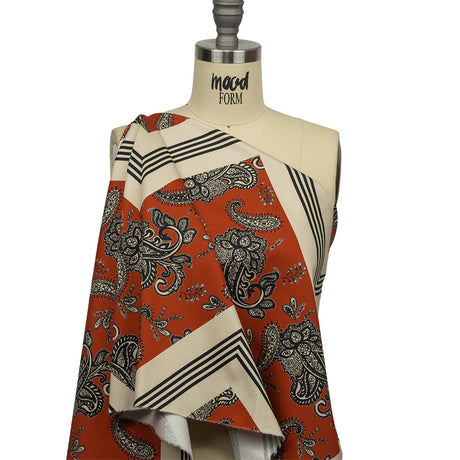 Stretch Cotton Sateen - White and Orange Paisley and Chevron - Well Travelled Trails Print - Mood Exclusive Rockland Collection