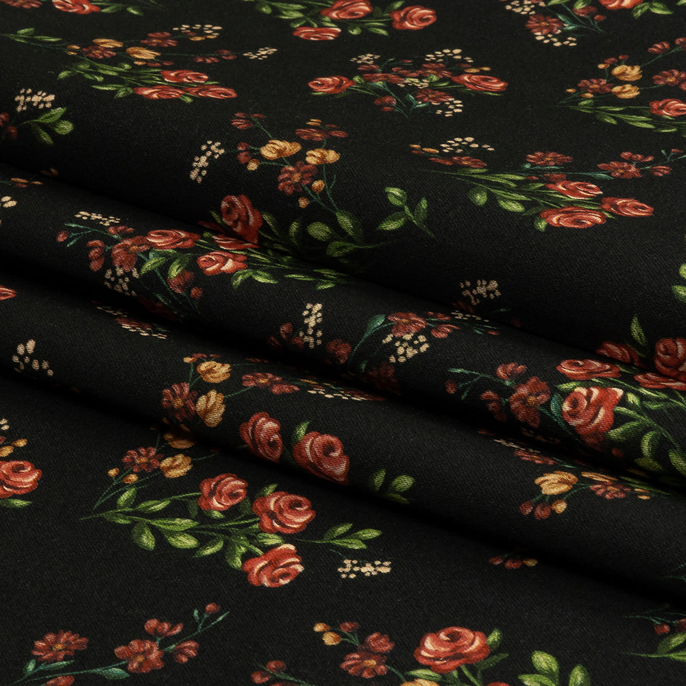 Stretch Cotton Sateen - Black and Pink Floral - Mason Jar Bouquet Print - Mood Exclusive Rockland Collection