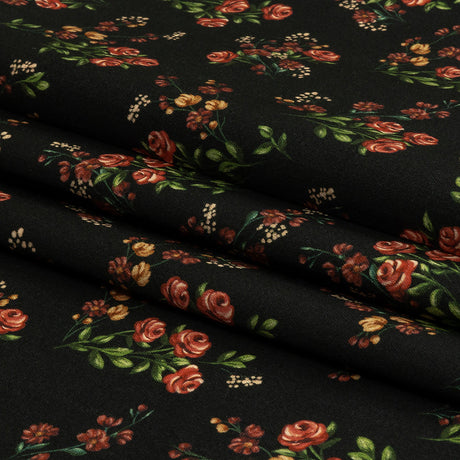 Stretch Cotton Sateen - Black and Pink Floral - Mason Jar Bouquet Print - Mood Exclusive Rockland Collection