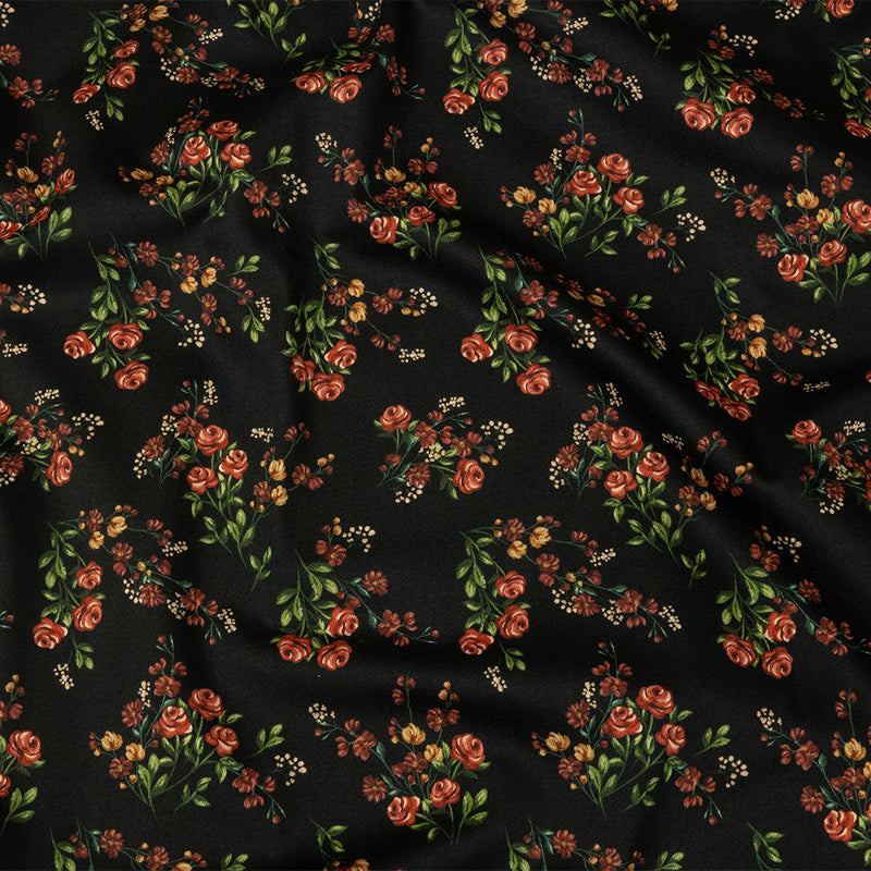 Stretch Cotton Sateen - Black and Pink Floral - Mason Jar Bouquet Print - Mood Exclusive Rockland Collection