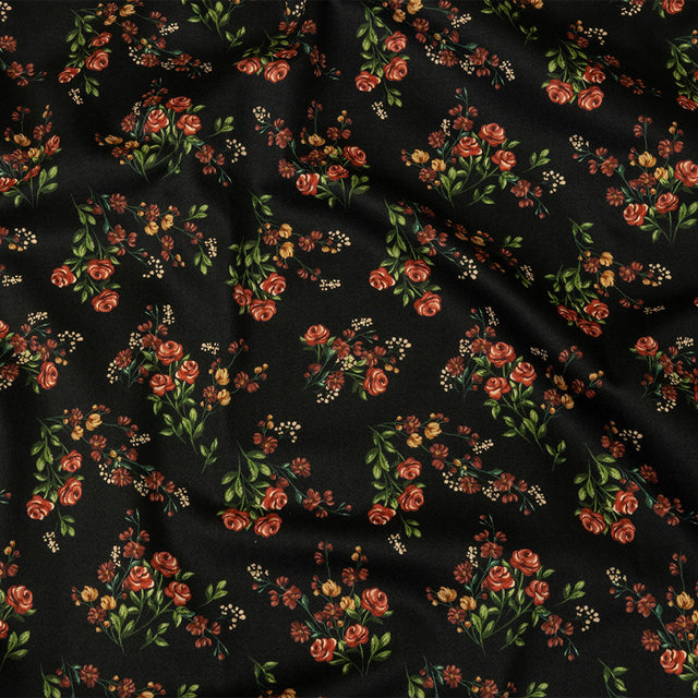 Stretch Cotton Sateen - Black and Pink Floral - Mason Jar Bouquet Print - Mood Exclusive Rockland Collection