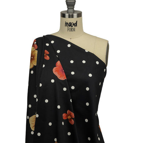 Stretch Cotton Sateen - Black Floral and Polka Dots - Treasures Renewed Print - Mood Exclusive Rockland Collection