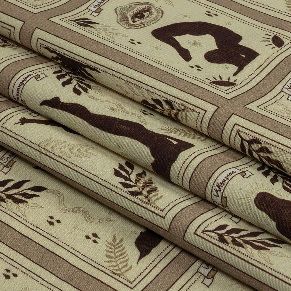 Stretch Cotton Sateen - Beige and Brown Yoga Cards - Finding Balance Print - Mood Exclusive Rockland Collection