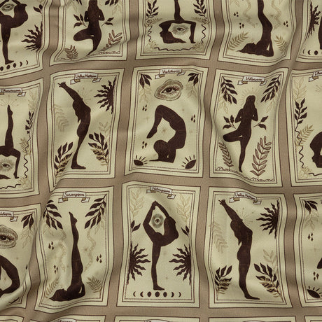 Stretch Cotton Sateen - Beige and Brown Yoga Cards - Finding Balance Print - Mood Exclusive Rockland Collection