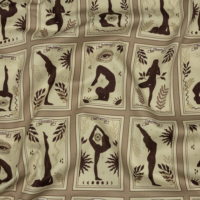 Stretch Cotton Sateen - Beige and Brown Yoga Cards - Finding Balance Print - Mood Exclusive Rockland Collection