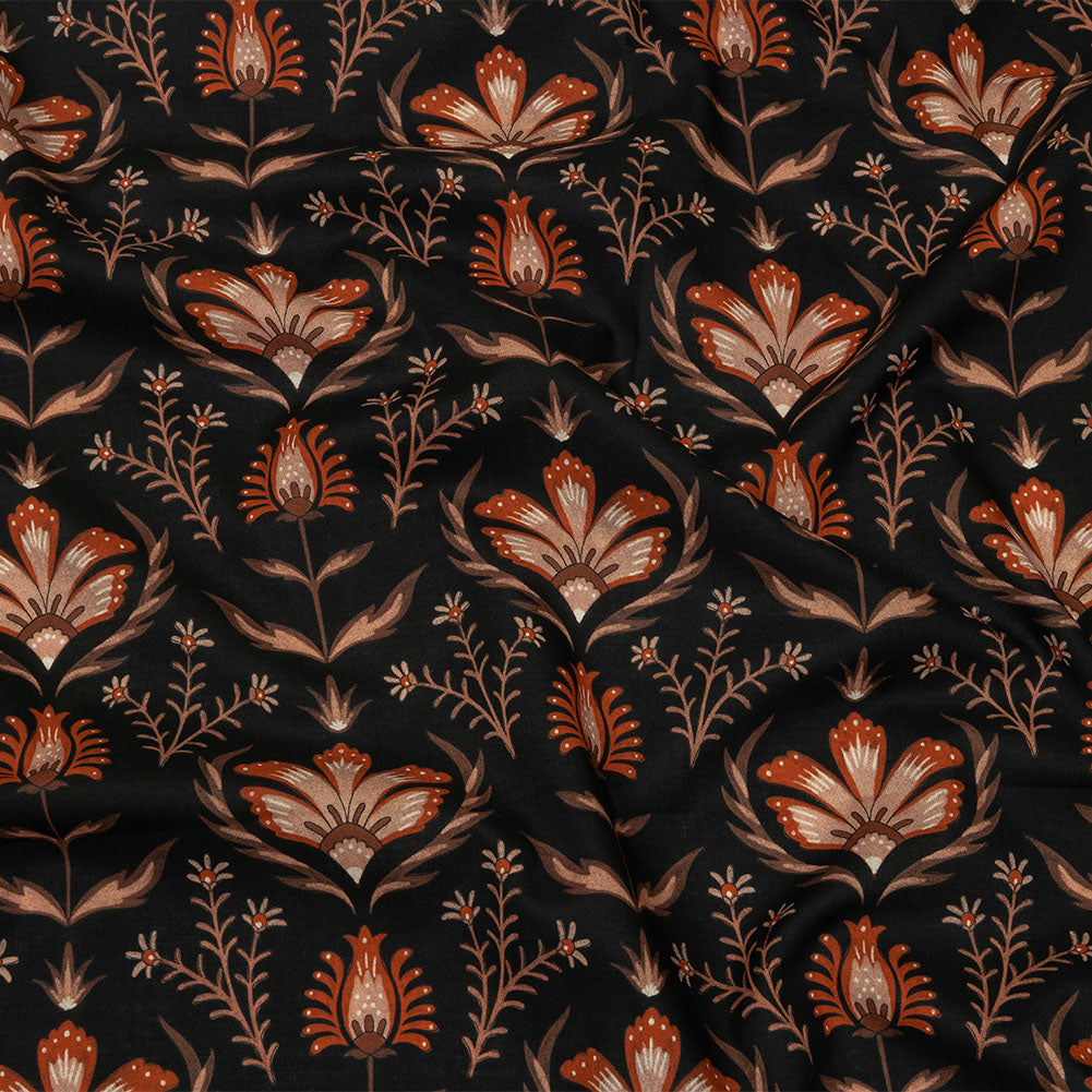 Cotton Voile - Black and Orange Floral - Watching the Fire Print - Mood Exclusive Rockland Collection