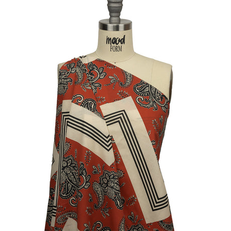 Cotton Voile - White and Orange Paisley and Chevron - Well Travelled Trails Print - Mood Exclusive Rockland Collection