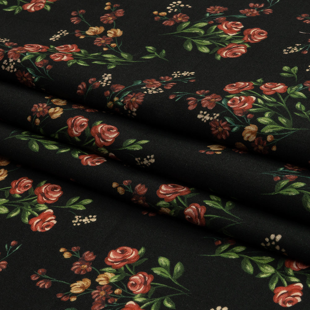 Cotton Voile - Black and Pink Floral - Mason Jar Bouquet Print - Mood Exclusive Rockland Collection