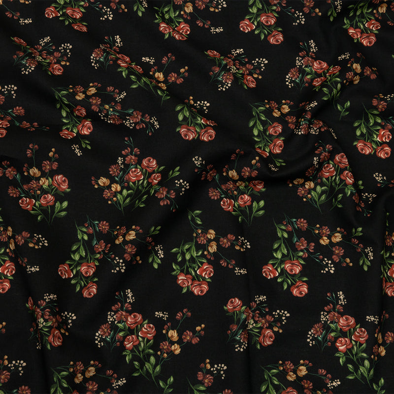 Cotton Voile - Black and Pink Floral - Mason Jar Bouquet Print - Mood Exclusive Rockland Collection