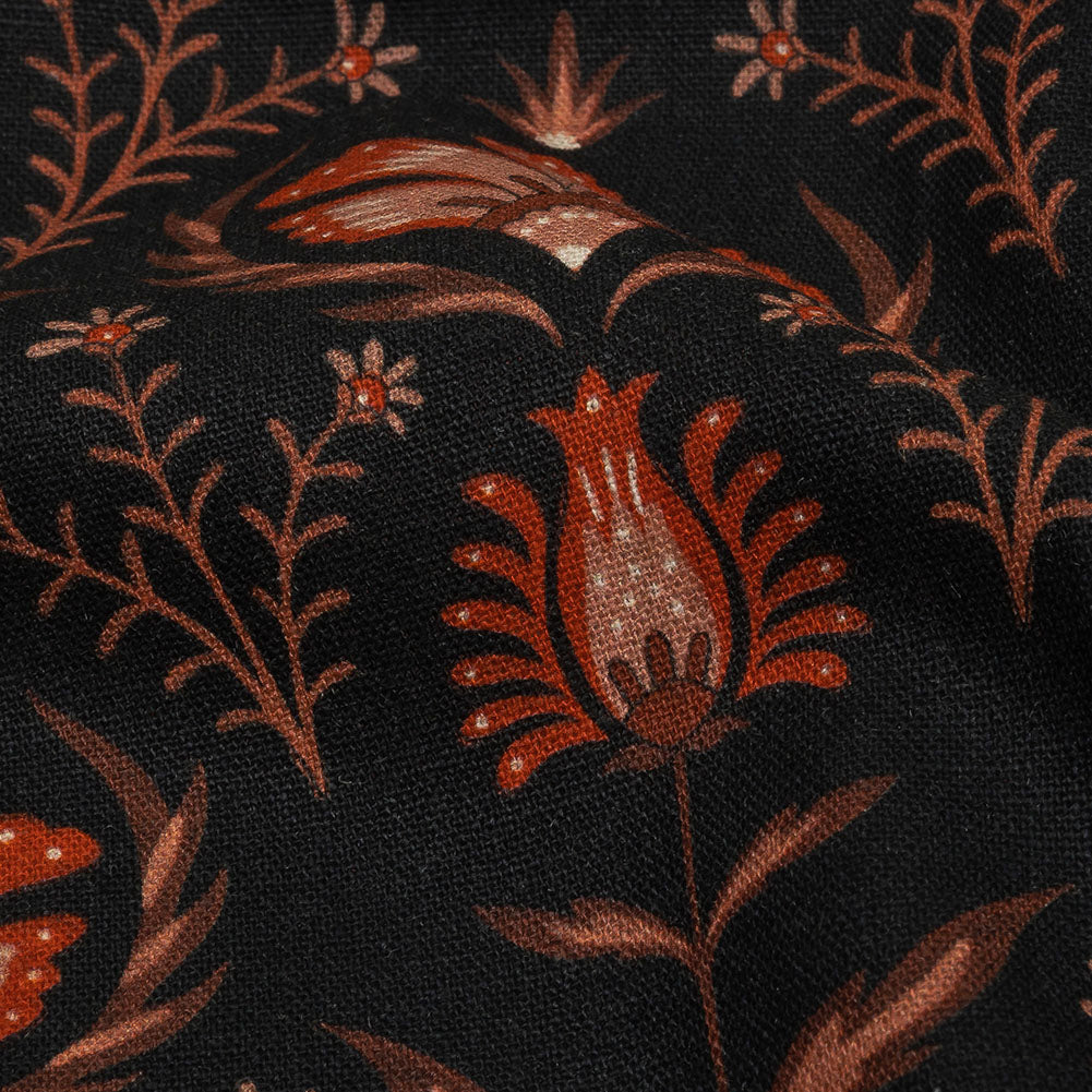 Linen and Rayon Woven - Black and Orange Floral - Watching the Fire Print - Mood Exclusive Rockland Collection