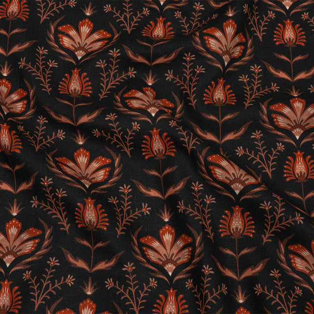 Linen and Rayon Woven - Black and Orange Floral - Watching the Fire Print - Mood Exclusive Rockland Collection