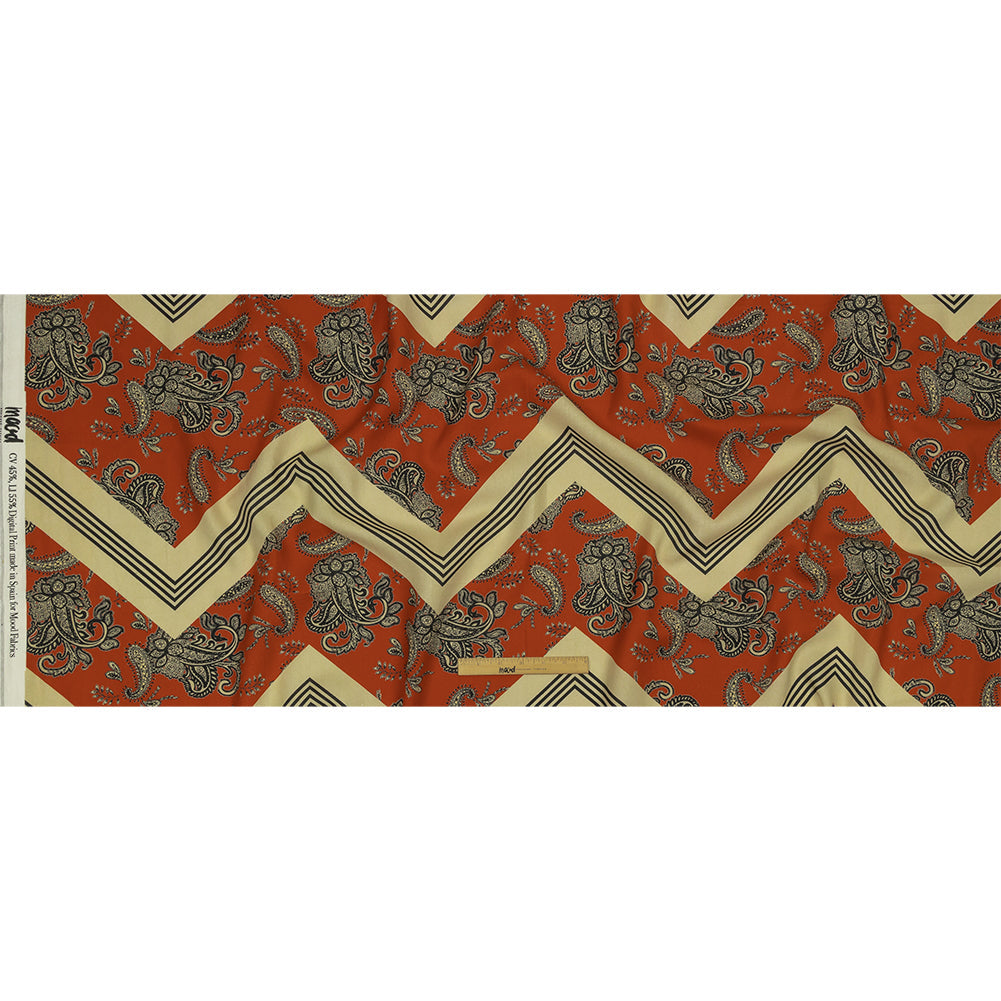 Linen and Rayon Woven - White and Orange Paisley and Chevron - Well Travelled Trails Print - Mood Exclusive Rockland Collection