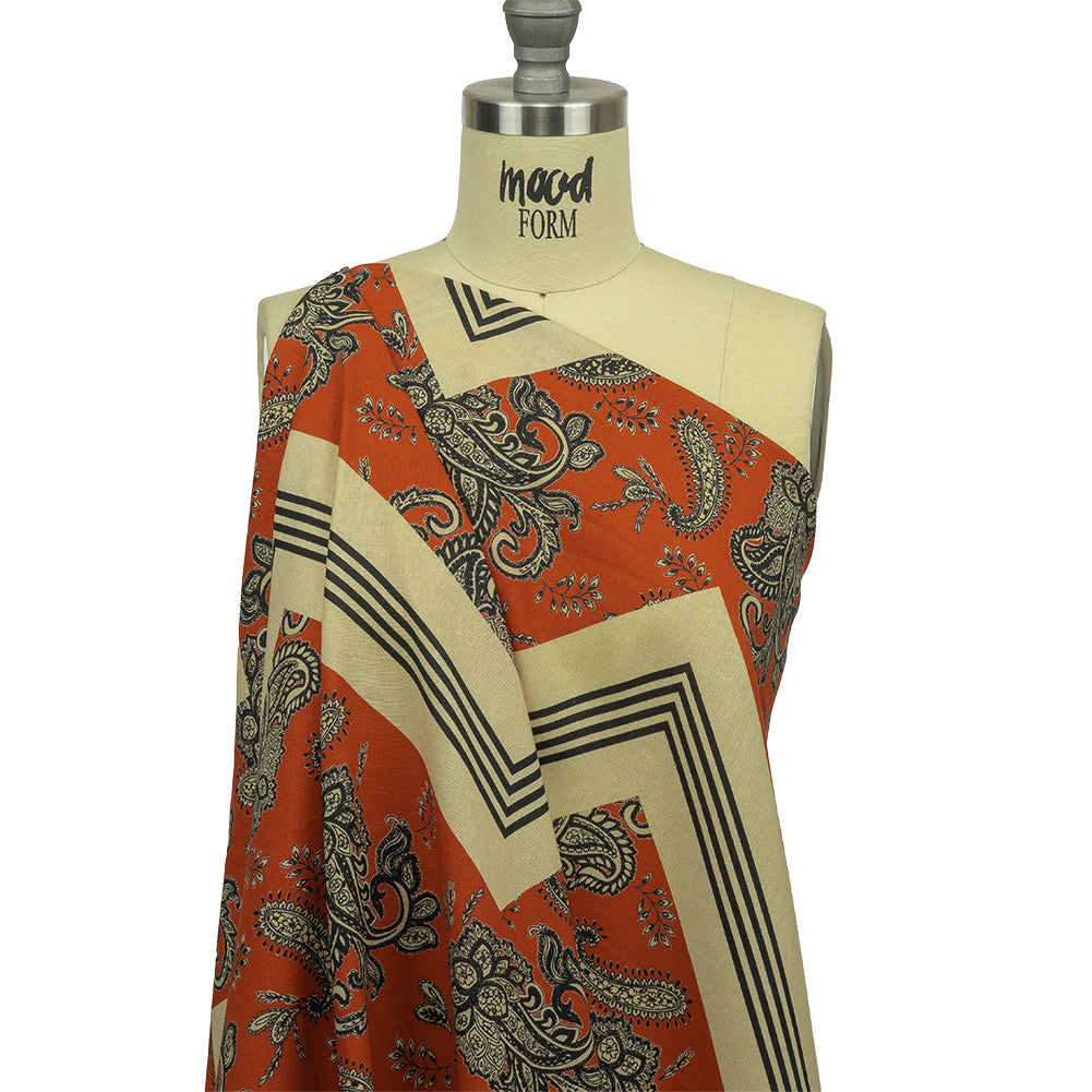 Linen and Rayon Woven - White and Orange Paisley and Chevron - Well Travelled Trails Print - Mood Exclusive Rockland Collection