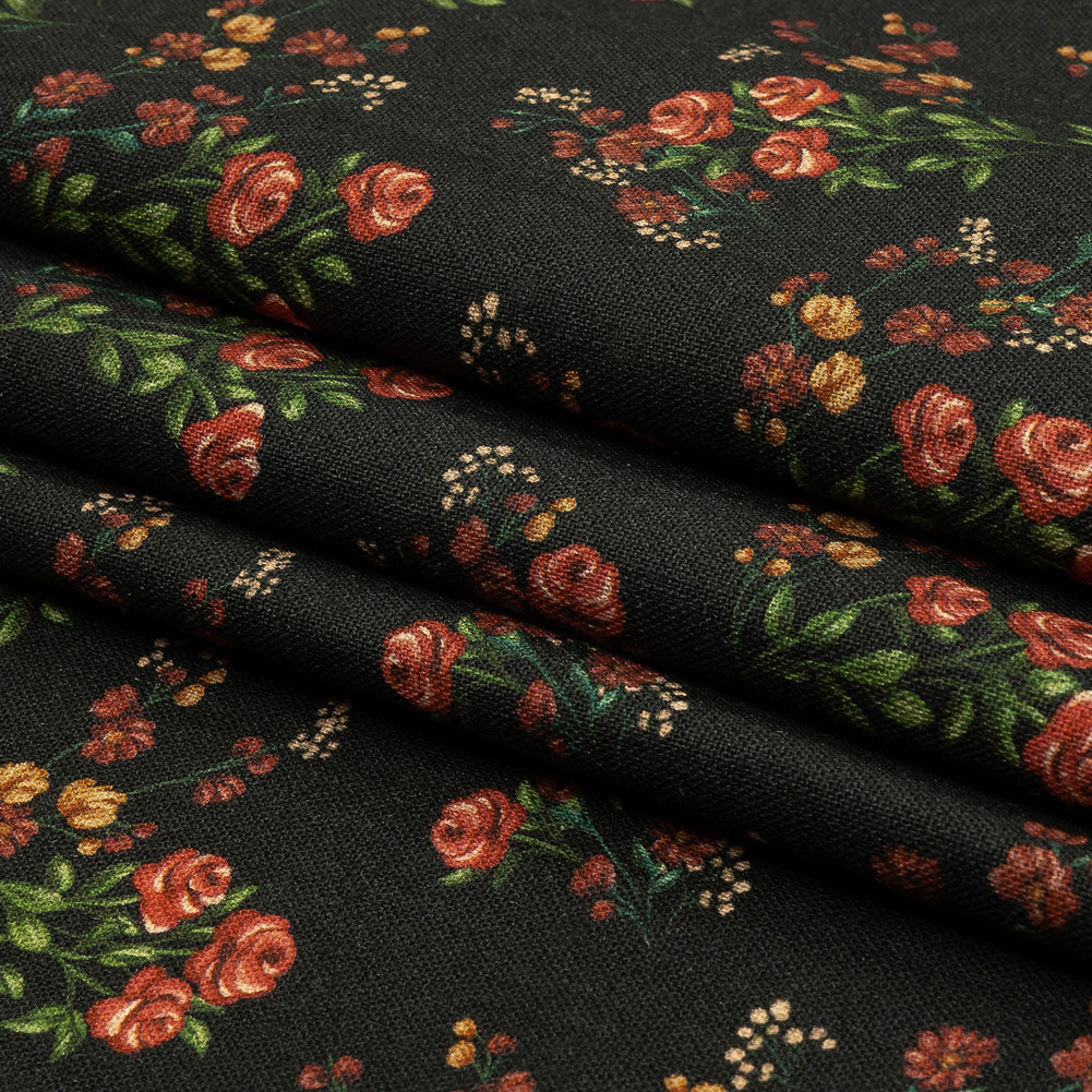 Linen and Rayon Woven - Black and Pink Floral - Mason Jar Bouquet Print - Mood Exclusive Rockland Collection