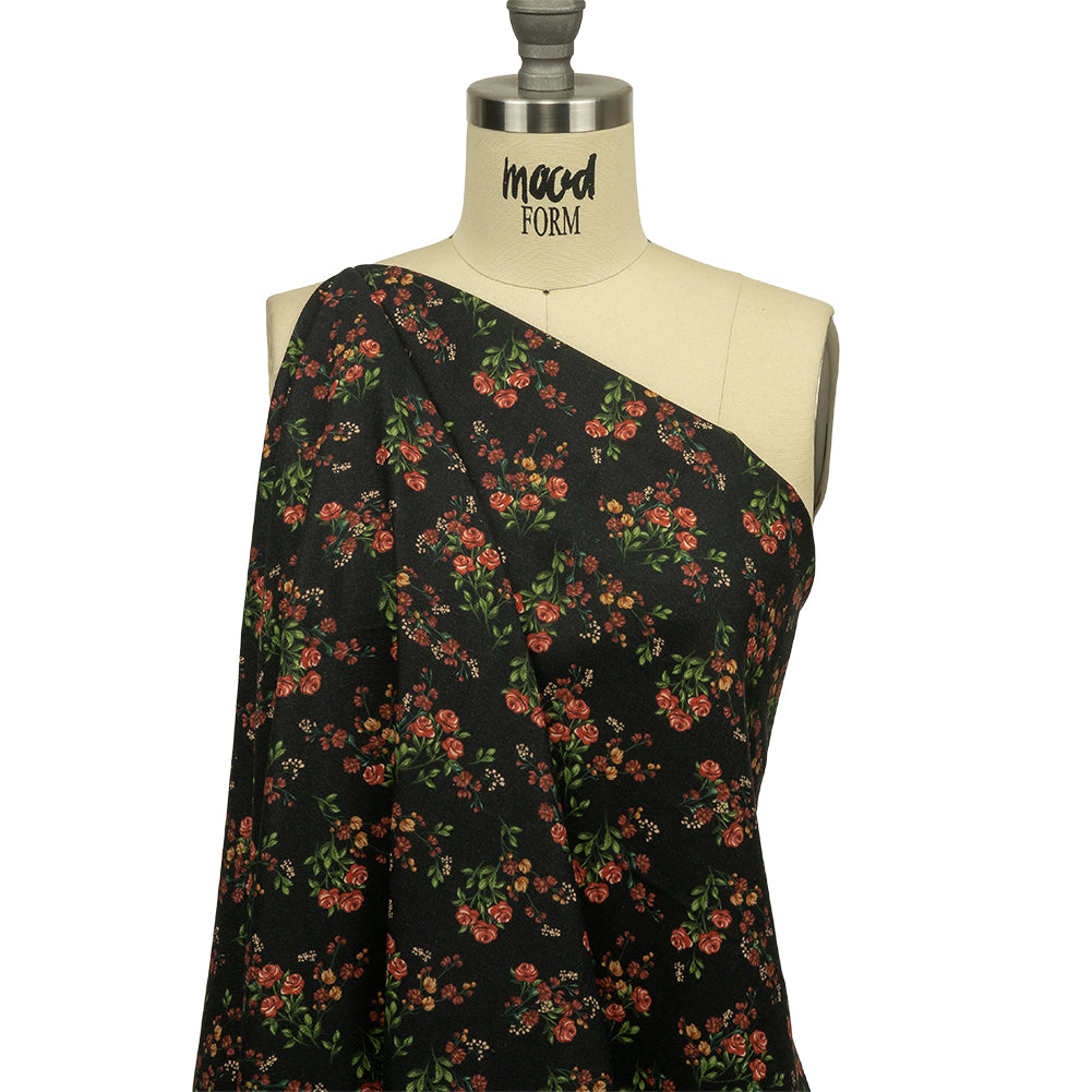 Linen and Rayon Woven - Black and Pink Floral - Mason Jar Bouquet Print - Mood Exclusive Rockland Collection