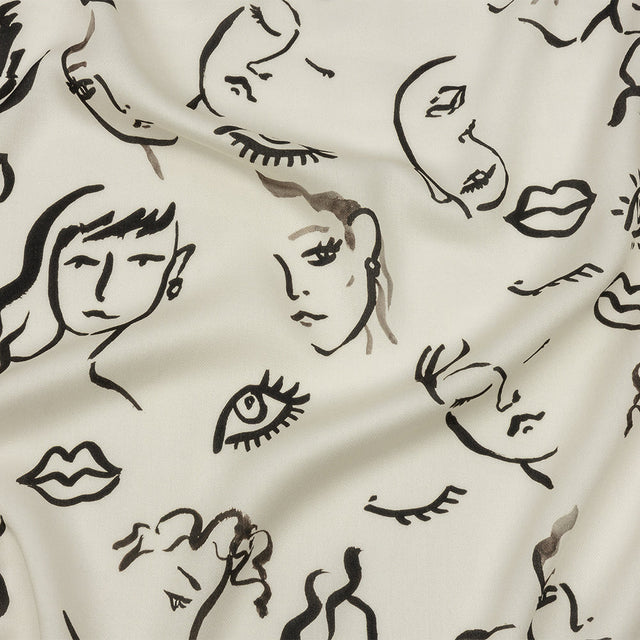 Rayon Challis - Black and White Face Drawings - Everyday Runway Print - Mood Exclusive Metro Collection