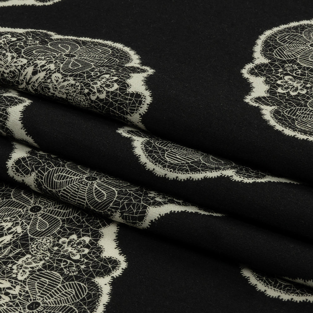 Rayon Challis - Black Lacy Medallions - Cathedral Windows Print - Mood Exclusive Metro Collection