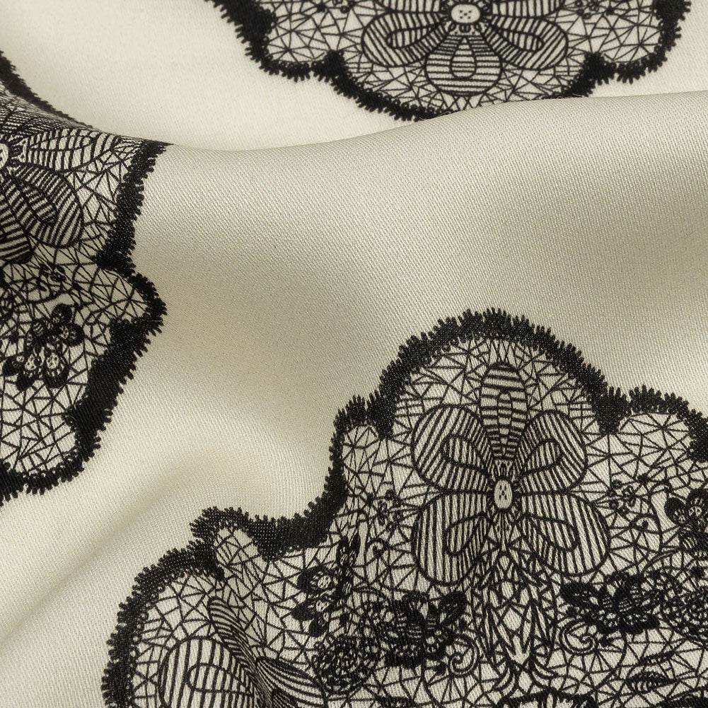Rayon Challis - White Lacy Medallions - Cathedral Windows Print - Mood Exclusive Metro Collection