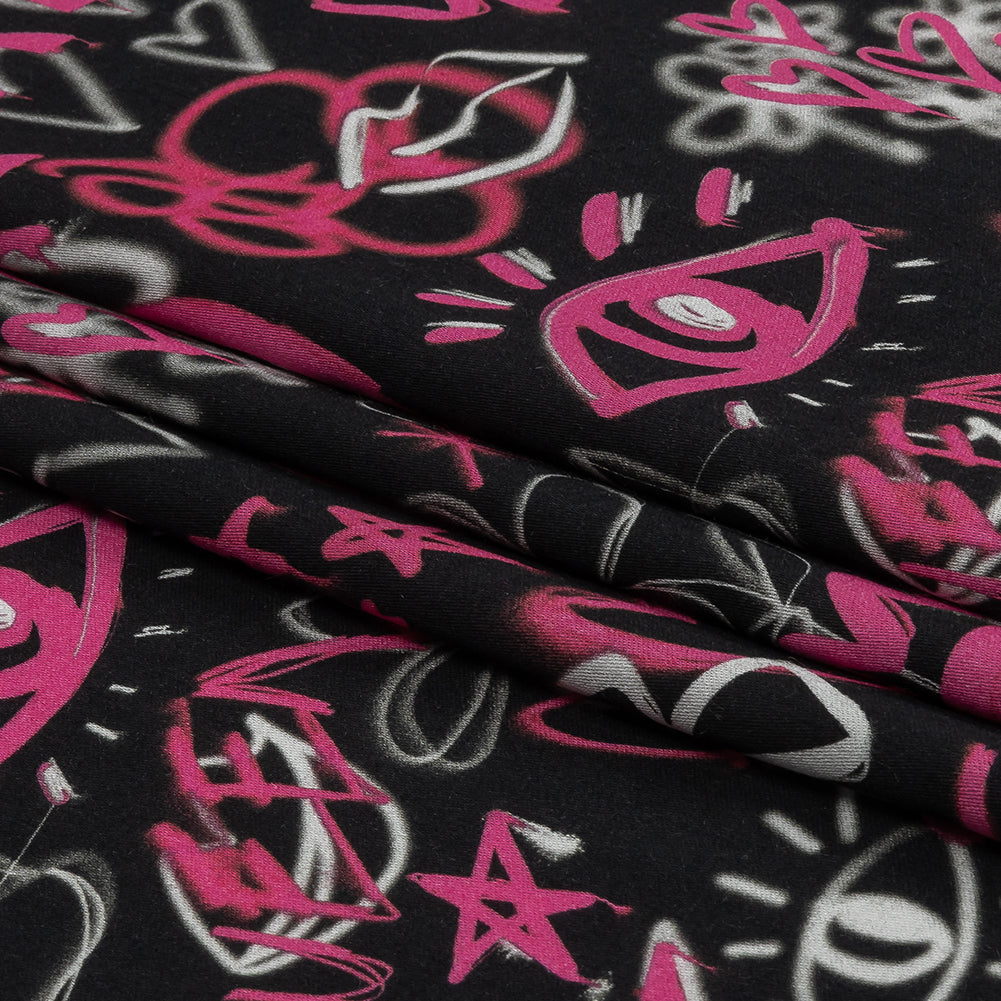Rayon Challis - Pink and Black Graffiti Doodles - Spontaneous Collaboration Print - Mood Exclusive Metro Collection