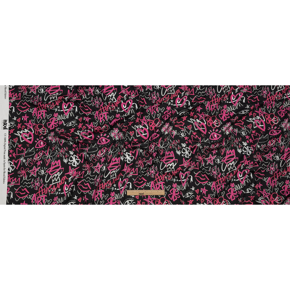 Rayon Challis - Pink and Black Graffiti Doodles - Spontaneous Collaboration Print - Mood Exclusive Metro Collection