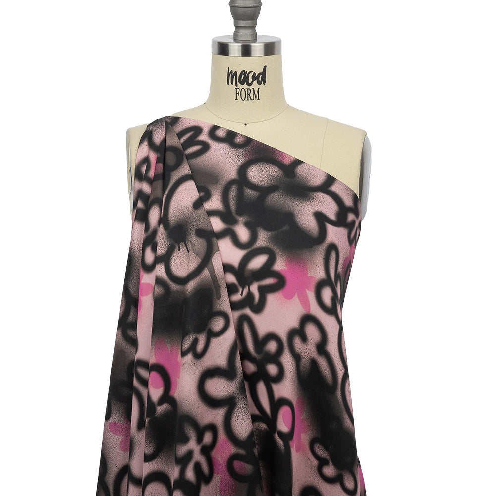 Rayon Challis - Pink and Black Spraypaint Floral - Street Sketch Print - Mood Exclusive Metro Collection