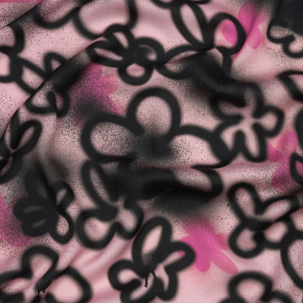 Rayon Challis - Pink and Black Spraypaint Floral - Street Sketch Print - Mood Exclusive Metro Collection