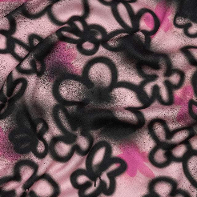 Rayon Challis - Pink and Black Spraypaint Floral - Street Sketch Print - Mood Exclusive Metro Collection