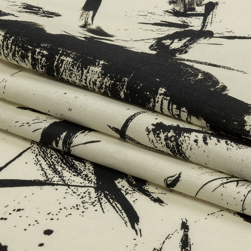 Linen and Rayon Woven - Black and Ivory Abstract - Subway Lines Print - Mood Exclusive Metro Collection