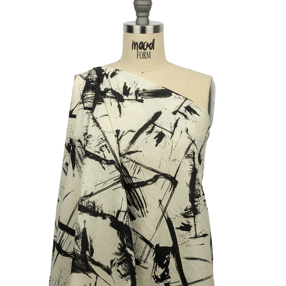 Linen and Rayon Woven - Black and Ivory Abstract - Subway Lines Print - Mood Exclusive Metro Collection