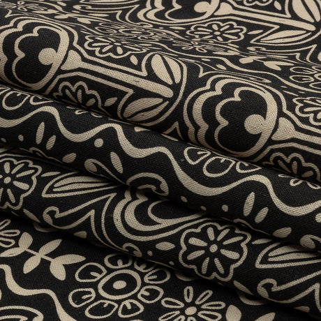 Linen and Rayon Woven - Black and White Floral Rows - Park Avenue Print - Mood Exclusive Metro Collection