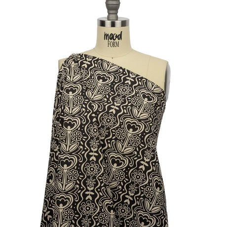 Linen and Rayon Woven - Black and White Floral Rows - Park Avenue Print - Mood Exclusive Metro Collection