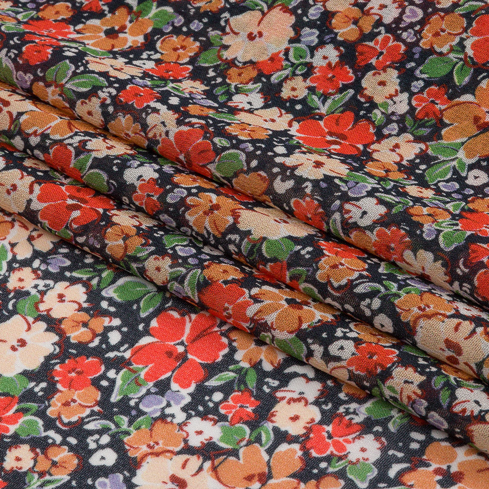 Viscose Georgette - Black and Peach Floral - Poppy Hypnosis Print - Mood Exclusive Secret Garden Collection