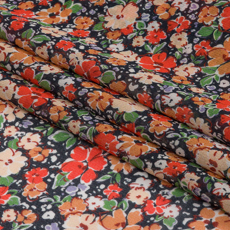 Viscose Georgette - Black and Peach Floral - Poppy Hypnosis Print - Mood Exclusive Secret Garden Collection