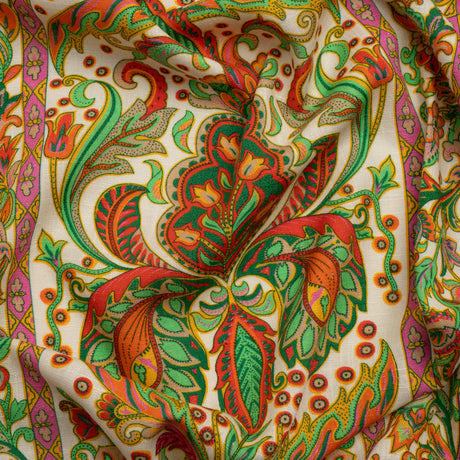 Viscose and Linen Woven - White Floral Paisley Stripes - Locust Lily Print - Mood Exclusive Gisele Collection