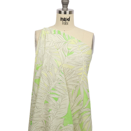 Linen and Rayon Woven - White and Pale Green Leaves - Under the Boardwalk Print - Mood Exclusive Palm Beach Collection
