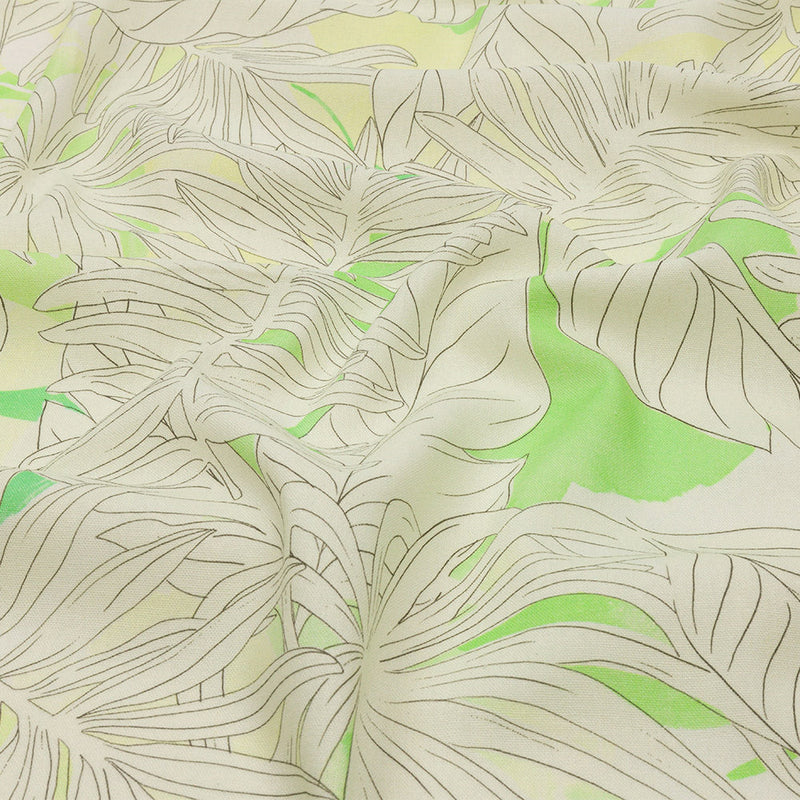 Linen and Rayon Woven - White and Pale Green Leaves - Under the Boardwalk Print - Mood Exclusive Palm Beach Collection
