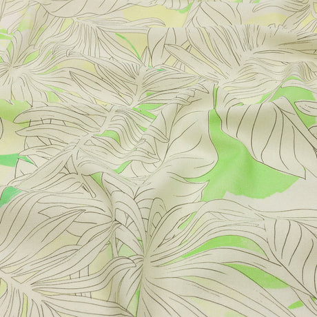 Linen and Rayon Woven - White and Pale Green Leaves - Under the Boardwalk Print - Mood Exclusive Palm Beach Collection