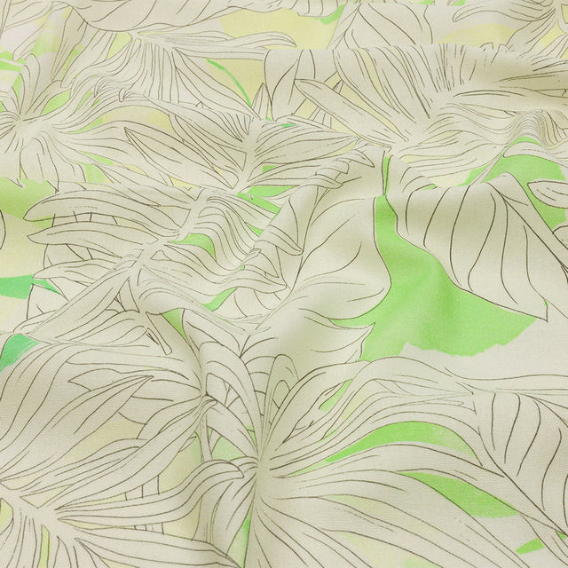 Linen and Rayon Woven - White and Pale Green Leaves - Under the Boardwalk Print - Mood Exclusive Palm Beach Collection